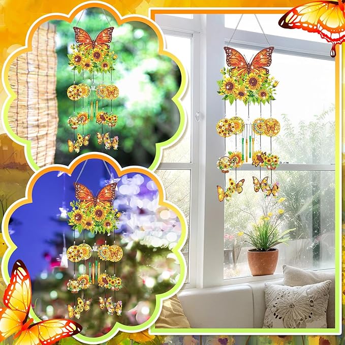 GlikCeil Diamond Art Wind Chimes 3D Sunflower Butterfly DIY Diamond Art Kits Painting Suncatcher Wind Chime with Double Sided Crystal Hanging Ornament for Garden Decor(Sunflower Butterfly)