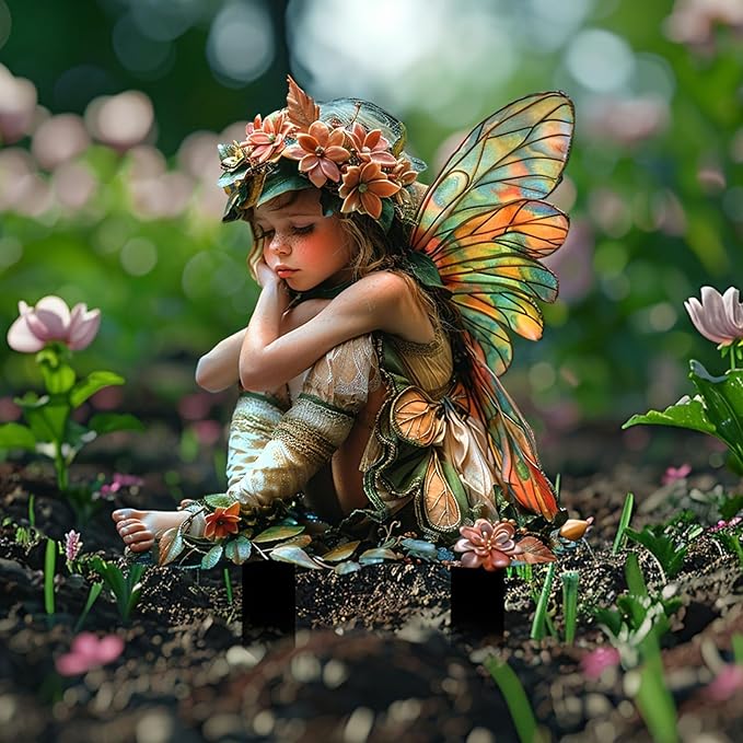 Flower Fairy Garden Stake Decor, 2D Flat Acrylic Elf Garden Sign with Stake, Fairy with Magic Sign for Indoor Outdoor Yard Lawn Balcony Pot Plants (Colorful Green Fairy)