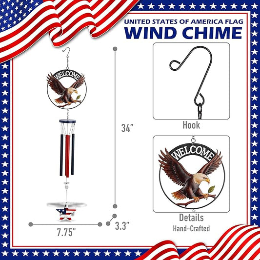 CoTa Global Welcome Eagle USA Flag Wind Chime - Handmade Metal Hanging Decor, Patriotic Garden Ornament with Red, White and Blue Tubes, Indoor Outdoor Porch Patio Yard Decoration - 34 Inches