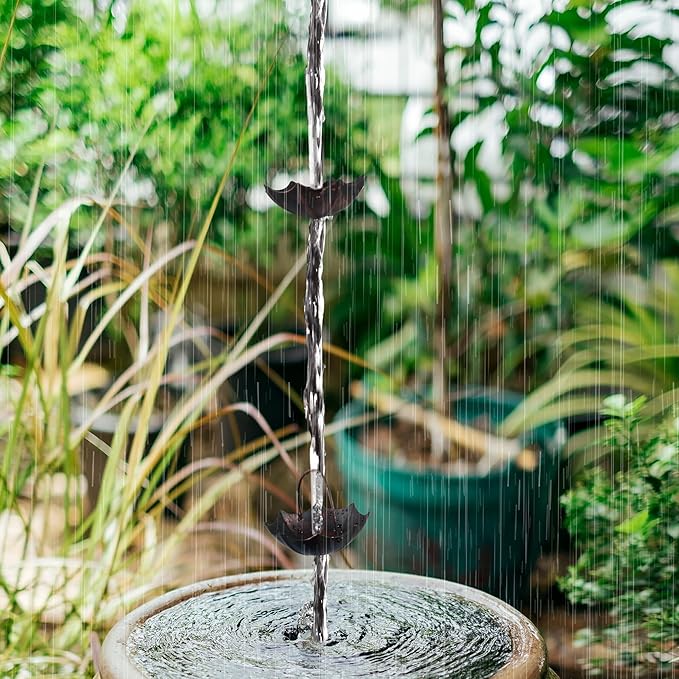 Invech Adjustable Rain Chains for Gutters, 12.5FT Outside Rain Chains with 12 Cups, Umbrella Shaped Rain Catcher Chain with Bell for Eaves Drainage, Replacement for Downpout