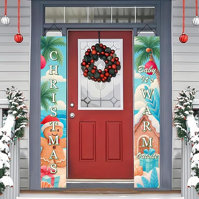 BlissYard Tropical Christmas Porch Banners 12x71 Inch Merry Christmas Door Banner Beach Gingerbread Man House Poinsettia Decor Xmas Welcome Hanging Signs Warm Weather Holiday Home Decor for Front Door Party Outdoor Decoration