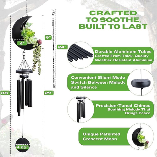 Premium Moon Wind Chimes for Outside – Deep Tone Sympathy & Memorial Wind Chime Gift for Loss of a Loved One, Outdoor Garden Patio Décor (Black)