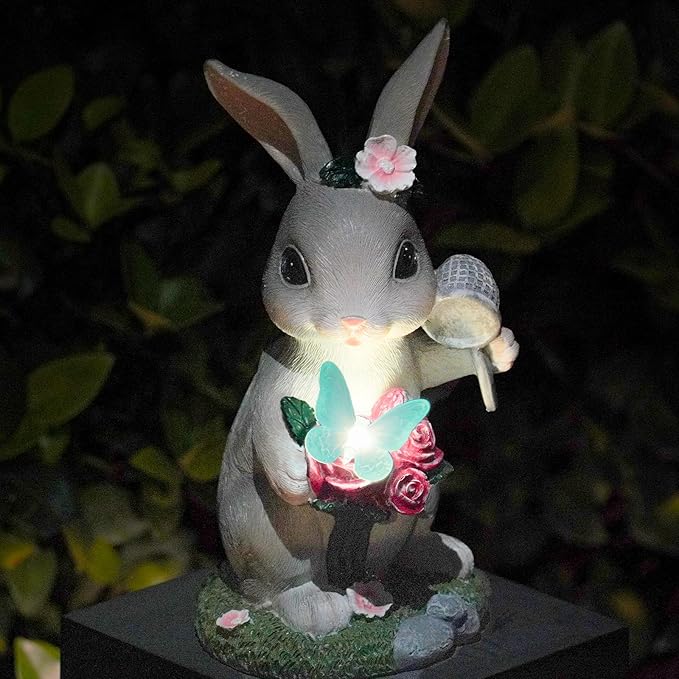 Garden Statues Rabbit with Solar Light,Bunny Outdoor Garden Decor Ornaments for Patio Yard Art,Birthday Gift Easter House Warming Garden for Women Mom,Resin Animal Figurine with Wider Base