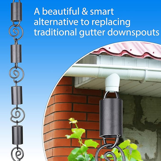 RainChains Pacific Spiral Rain Chain 8.5ft Black Aluminum Premium Rain Chains for Gutters Decorative Chain.