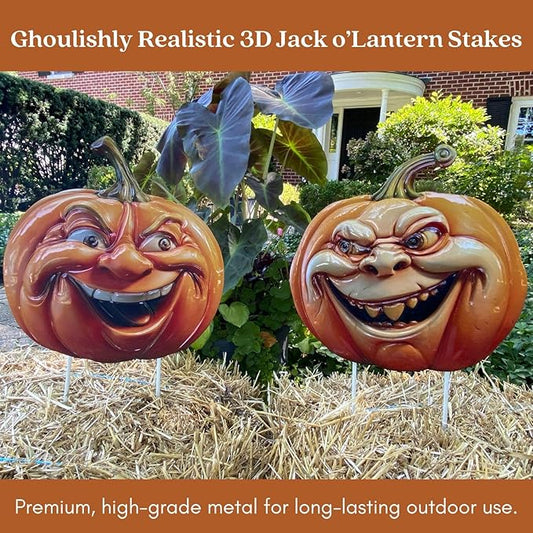 Clovers Garden Metal Halloween Pumpkin Yard Stakes (Set of 2) Smiling 3D Scary Vintage Look Lawn Signs - Duarable Weather Resistant