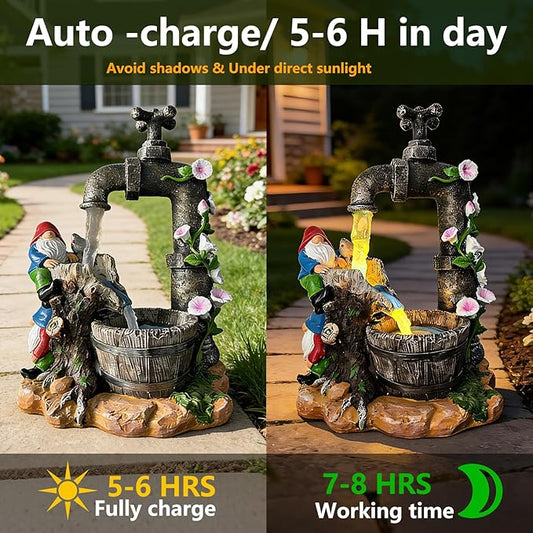 Solar Garden Gnomes Statues Outdoor Yard Decorations, 10" Resin Fountain Gnome Outside Christmas Art Decor for Lawn Patio Porch Backyard,Unique Housewarming Gifts for Women Mom Grandma