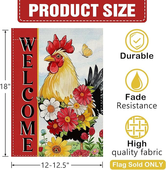 Dyrenson Welcome Spring Summer Rooster Decorative Garden Flag, Farm Animal Daisy Flower Red Yard Outside Home Decoration, Farmhouse Butterfly Burlap Outdoor Small Decor Double Sided 12 x 18