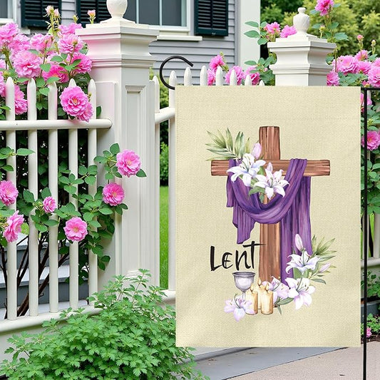 Lent Garden Flag 12x18 Inch Christian Easter Yard Flags with Cross Purple Cloth Lilies and Candles Religious Spring Outdoor Banner for Ash Wednesday Resurrection Faith Church Home Porch Decor