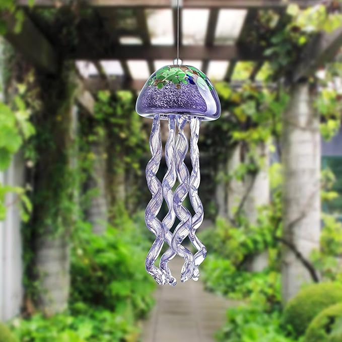 H&D HYALINE & DORA Purple Blown Glass Jellyfish Wind Chime Sea Glass Wind Chimes for Outside Jellyfish Wind Chimes Outdoor Sea Glass Decor for Patio Garden Balcony Porch(14in)
