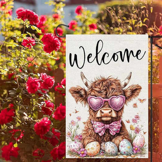 Welcome Cow Garden Flags 12x18 Inch Vertical Double Sided Outside, Easter Eggs Flowers Spring Yard Flag Decor, Holiday Outdoor Decorations for Home