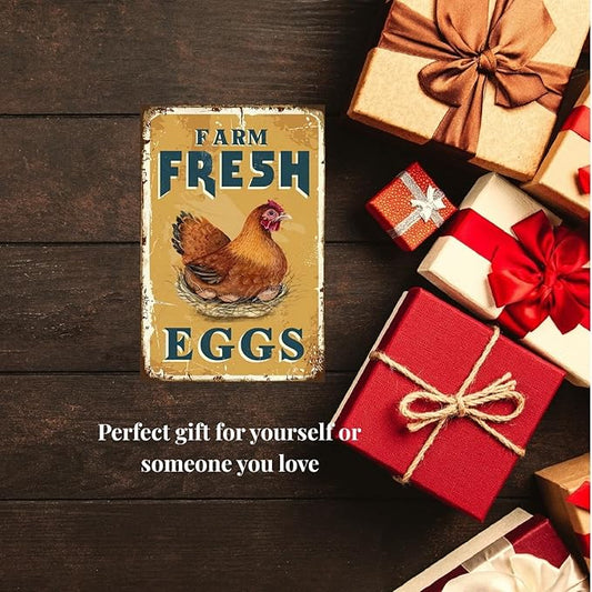 Funny Chicken Sign, Metal Chicken Coop Tin Signs, Farm Fresh Eggs, Yard Sign Garage Farm Garden Wall Decor Sign Plaque Outdoor for Home Fence 8 X 12 Inches