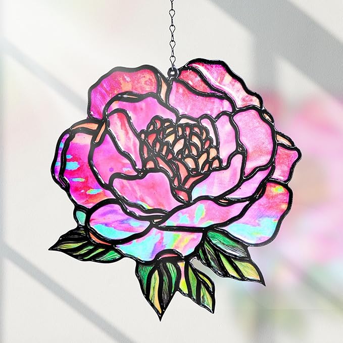 Peony Flower Handmade Resin Suncatchers, Artisan Sun Catcher, Stained Glass Effect, Flower Suncatchers for Window Hanging, Garden Decor, Gift for Mother's Day Mom Women Grandma Wife