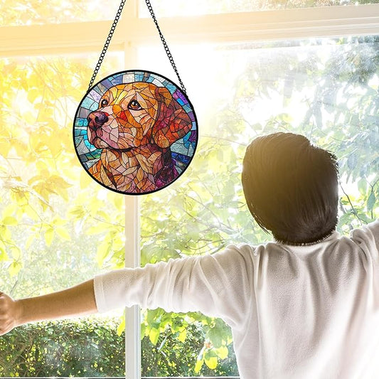 DASTOLL Stained Glass Window Hanging, Cute Dog Abstract Sun Catchers Colorful Glass Panel Texture Suncatcher Decor for Birthday for Women, Men, Wife, Aunt, and Mom 6.3 in