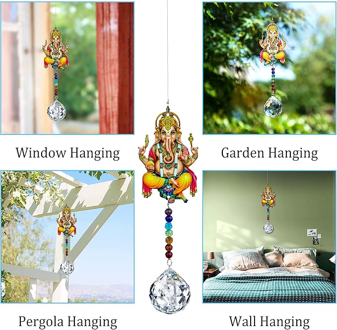 8inch Elephant God Prism Suncatcher Hindu Ganesha Protection Charm Decor Window Garden Wall Hanging Crystal Pendant for Christmas Tree