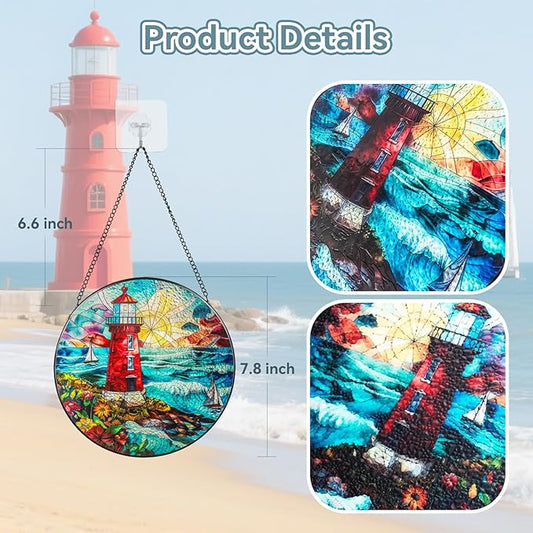 Suncatcher Stained Glass Window Hanging - Lighthouse Glass Panel with Metal Chain and Hooks Handmade Sun Catcher Decoration for Window Garden Home Christmas & Birthday Gifts (7.8 Inch)