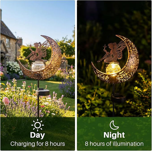 MEBRUDY Fairy Solar Garden Outdoor Decor, Moon Figurine Light Stake Housewarming Ornament for Patio, Lawn, Yard, Pathway, Unique Gift Ideas for Gardening, Mom, Grandma, Women