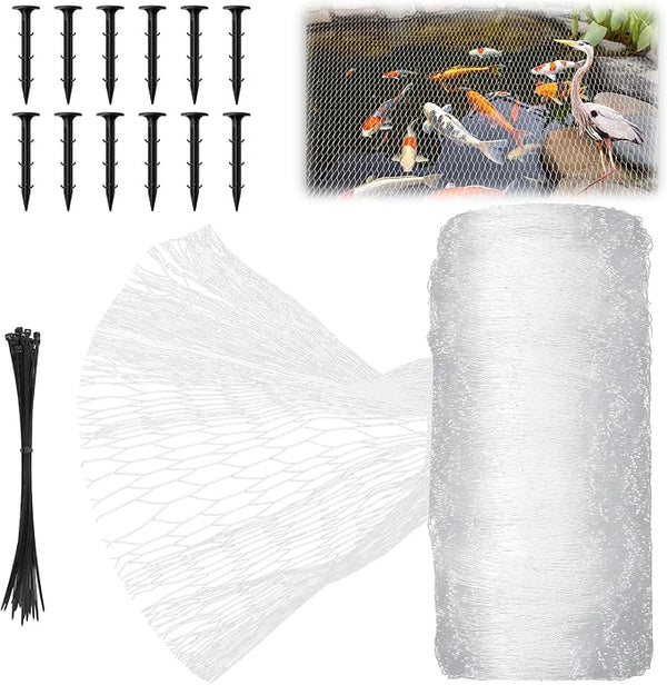 Koi Pond Netting Kit 7 x 10ft, Bird Deer Fence Netting, Durable Net Cover for Leaves, Heavy Duty Fine Mesh, Protect Fish from Birds, Cats & Predators, 12pcs Stakes & Ties Included(White)