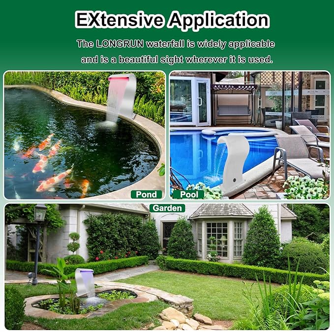 LONGRUN S-Shaped Waterfall Spillway Stainless Steel Swimming Pool Fountain, RF & APP Controled LED Light Outdoor Pond Waterfalls Kit for Garden Patio Swimming Pool Koi Ponds Decoration -20.2" Height