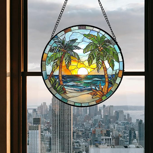 Stained Glass Window Hanging Sea Beach Coconut Trees Sunrise Large 11.8" - Suncatcher Door Garden Sunroom Sun Catcher Home Decor Birthday Christmas for Mom Men Woman Nana