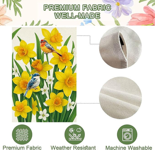 Baccessor Spring Summer Daffodils House Flag 28 x 40 Inch Double Sided Burlap Bluebirds Yellow Flower Green Leaf Farmhouse Large Yard Flag Summer Holiday Seasonal Outdoor Outside Decoration