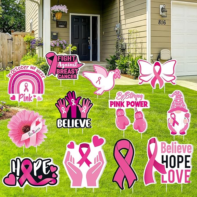 Amyhill 12 Pcs Breast Cancer Awareness Yard Signs Decoration for Outdoor Pink Ribbon Garden Lawn Signs with Stakes Waterproof Decor Gifts for Women Festive Holiday Party Patio Lawn Walkway Decoration