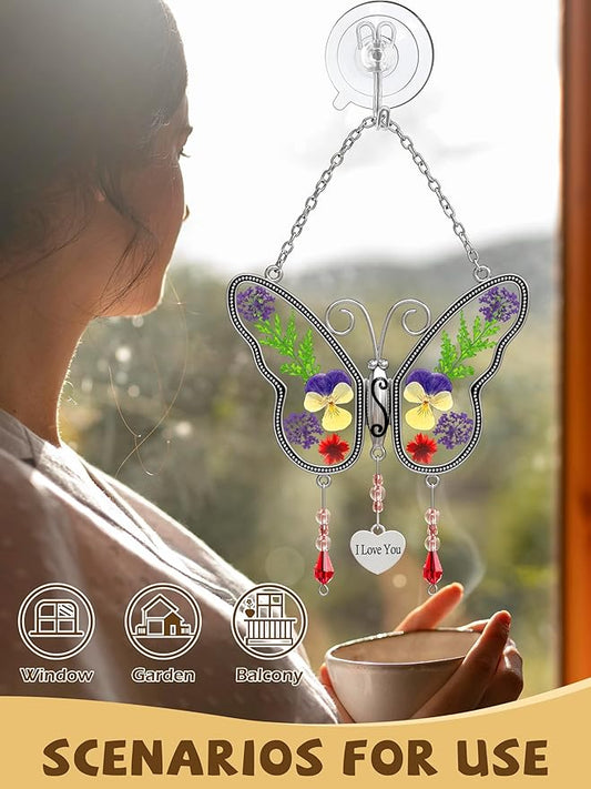 Butterfly Gifts Suncatcher Stain Glass Sun Catchers Pressed Flower Wings Embedded in Glass with Metal Trim I Love You Heart Charm Wind Chime
