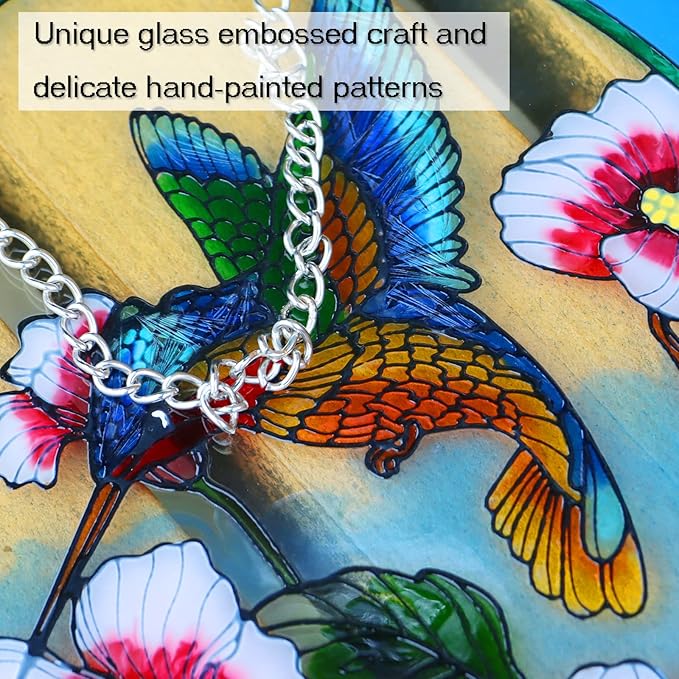 Hummingbird Stained Glass Window Hangings,Suncatcher for Window, Hummingbird and Flowers Hanging Ornament, Stained Glass Panel Home Decorations for Indoor Outdoor
