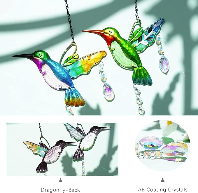YU FENG 2PCS 18.1" Hummingbird Suncatchers,Stained Glass Window Hanging Ornament for Christmas Tree,Rainbow Maker Crystal Prism Suncatcher Outdoor Indoor Home Garden Party Decoration