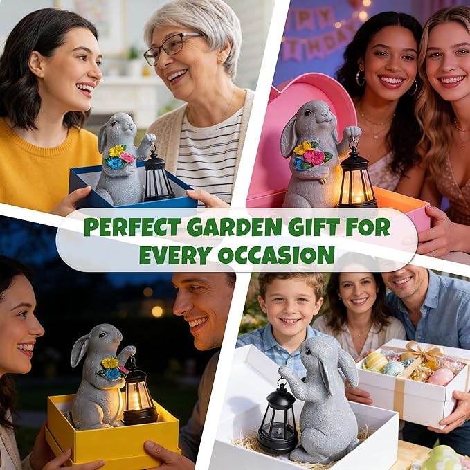 Solar Garden Statues, Resin Bunny Statue w/ Flower, Waterproof Figurine Rabbit Garden Statue for Outside Yard Outdoor Home Patio Lawn Decor, Solar Animal Lights for Adults Women Birthday Easter Gifts
