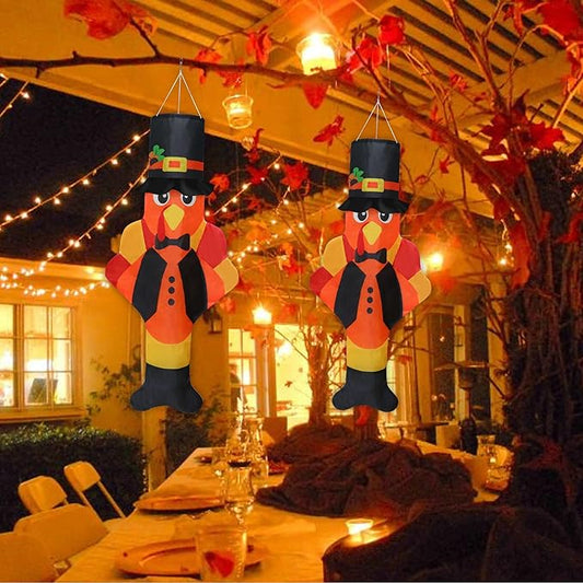 2PCS Thanksgiving Turkey Windsocks, Fall Thanksgiving Outdoor Hanging Windsocks for Tree Lawn Patio Garden Yard Decor, Fade Resistant Outdoor Wind Sock Flag for Fall Party Festival Decorations