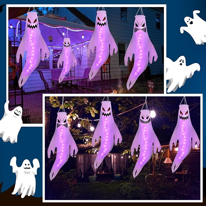Geefuun 4PCS Purple Halloween Fierce Ghost Windsocks Hanging Decorations - 43 Inch Flag Wind Socks for Home Yard Outdoor Decor Party Supplies (Batteries Not Included,No Timer)