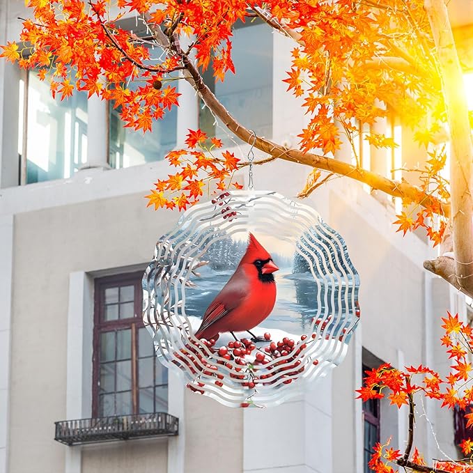 10 Inch Cardinal Bird Wind Spinner, 3D Stainless Steel Hanging Kinetic Wind Sculpture Gifts for Garden Decor Yard Art Indoor Outdoor Window Porch Lawn Decoration