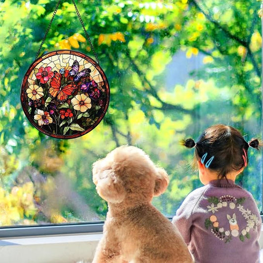 Stained Glass Window Hanging Butterfly 7.8 Inch Wildflowers Suncatcher Glass Panel Boho Window Decor with Chain Round Glass for Garden Wall Birthday Party Housewarming Gifts