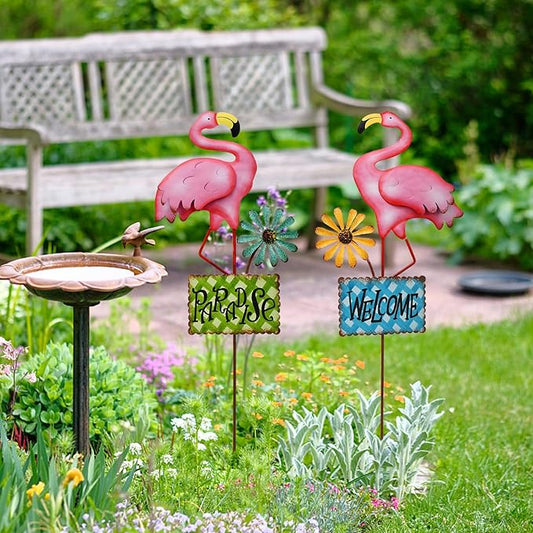 Metal Flamingo Garden Stakes Welcome Yard Sign Decorative Pink Flamingos Ornament Indoor Outdoor Party Stake Lawn Art Patio Backyard Flower Bed Decor (set of 2, S)
