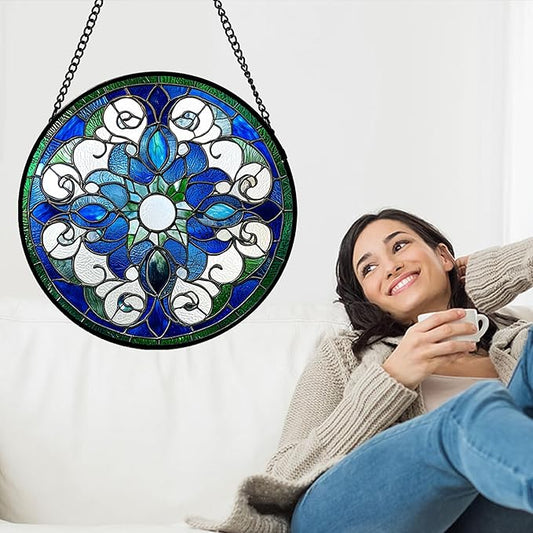 DASTOLL Stained Glass Window Hanging, Boho Style Sun Catchers Diamond Glass Panel Hangings Tiffany Suncatcher Decor for Birthday for Women, Men, Wife, Aunt, and Mom 14.9x14.9 in