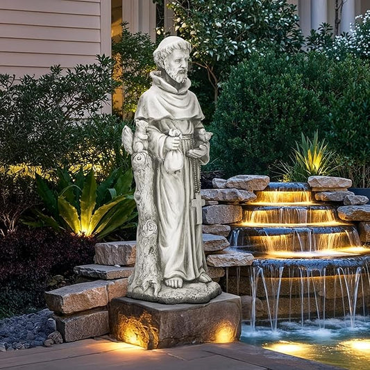 St Francis Garden Statue, 31" Saint Francis Catholic Outdoor Statues, Large Religious Christian Sculpture Deor for Prayer and Meditation, Patron Saint of Animals Patio in Durable MGO Stone