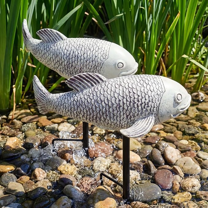 Set of 2 Koi Fish Decor, Large Outdoor Garden Statues, Pond Accessories, Yard Decor, Real Fish Sculpture Art, Koi Pond Kit, Statues for Yard Ornaments Sculpture Garden for Outdoors
