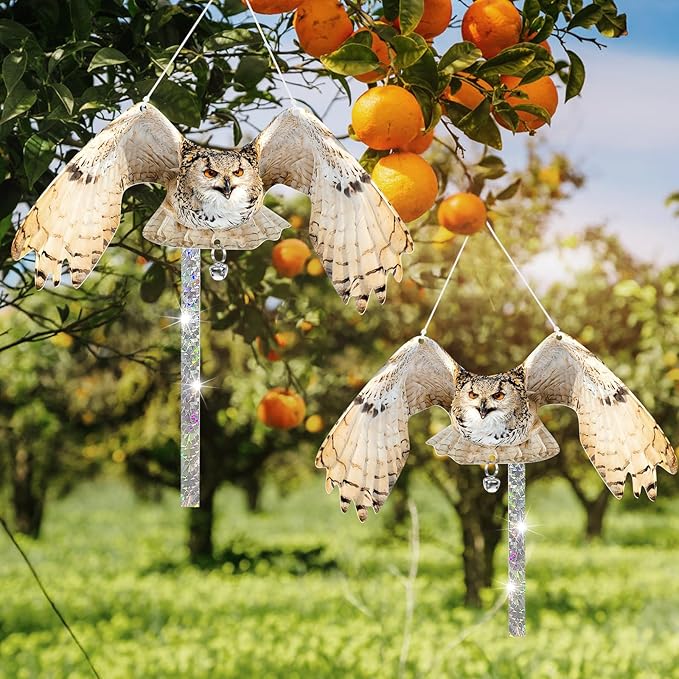 Owls to Keep Birds Away: 2Pcs Fake Owls with Reflective Tape for Garden Patio Tree, Bird Scare Reflective Hanging Decoration to Keep Birds Pigeon from Windows Tree Garden