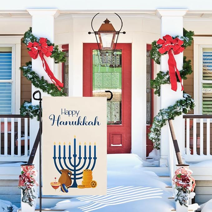 Happy Hanukkah Garden Flags Menorah Star of David Chanukah Yard Flag Jewish Gyroscope Holiday Festival Holiday House Banner Double Sided for Winter Decor 12 x 18 Inch