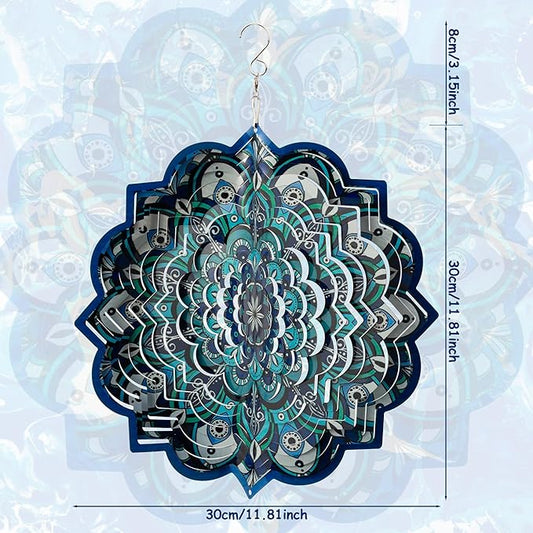 3D Mandala Wind Spinner - 12 Inch Hanging Blue Wind Spinner Stainless Steel Outdoor&Indoor Kinetic Sculpture, Metal Laser Cut Garden Decor Yard Art Decorations, Ornament Gift for Women Men