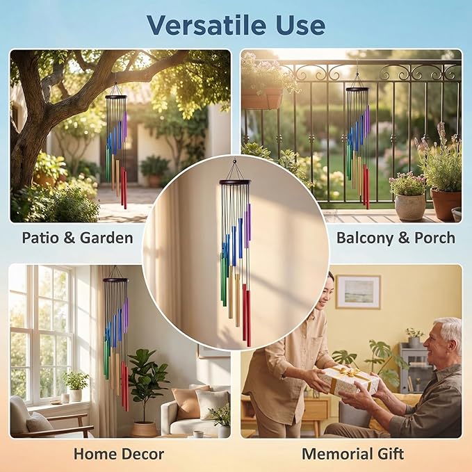 Wind Chimes for Outside, Colorful Wind Chimes with 12 Aluminum Tunes, Musical Outdoor Wind Chimes for Patio Garden Yard Home Decor, Memorial Wind Chime Gifts for Mom Grandma