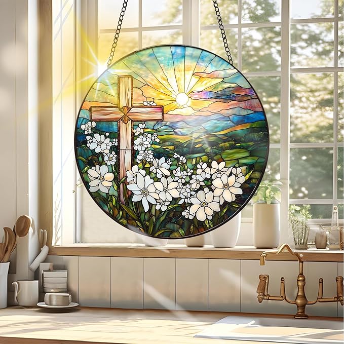 VAIIEYO Cross Sun Catcher Stained Glass Window Hanging Ornament, Handmade Sun Catcher Flower Religion Decoration with Hooks for Window Garden Home, Mother's Day & Birthday Housewarming Gift (7.8 inch)