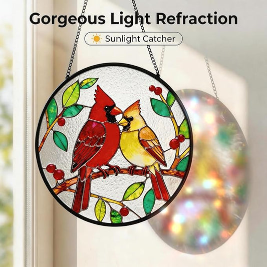 LITIVY Stained Glass Window Hanging – Cardinal Birds on A Branch Suncatcher – Mother’s Day Memorial Gift, 8 Inch Rainbow Maker & Sun Catcher Decor for Windows, Whimsical Gifts for Women