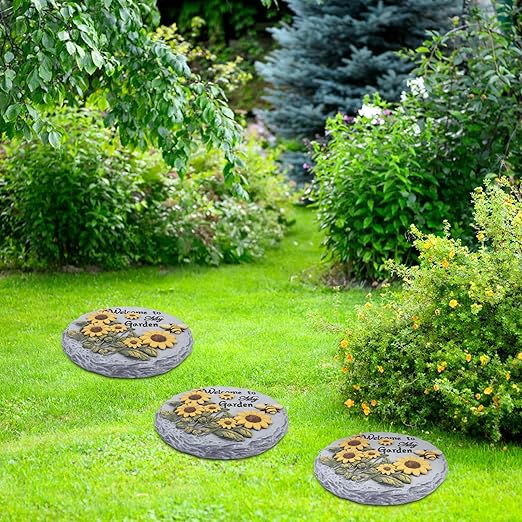 Welcome to My Garden Stepping Stone Outdoor, Butterfly Flower Stone Statue for Garden, Funny Stepping Stone for Yard, Balcony, Patio, Lawn Decorative, Spring in Garden Collection (Daisy)