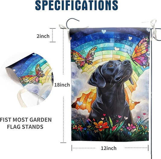 Stained Glass Black Lab Garden Flag for Outside 12x18 Double Sided Small Rainbow Bridge Labrador Dog Memorial Yard Banners Bereavement Pet Sympathy Gift