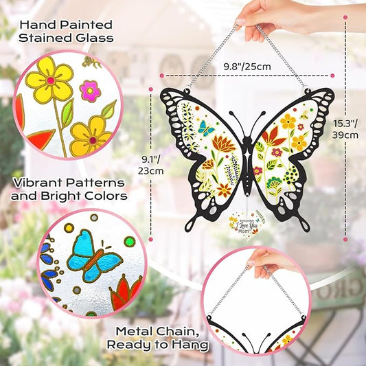 Butterfly Stained Glass Window Hanging 9.8 Inch Colorful Flower Suncatcher Decor for Window Door Wall Art Home Decoration Christmas Hanging Ornament Birthday Butterfly Gifts for Mom, Women