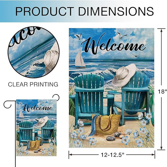Hzppyz Welcome Summer Blue Sea Ocean Chairs Myosotis Sylvatica Flower Beach Garden Flag, Coastal Nautical Seagull Sailboat Bag Hat Decorative House Yard Outdoor Small Decor, Tropical Home Outside