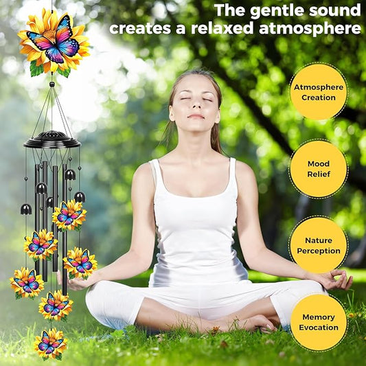 YHmall Sunflower Butterfly Gifts for Women, 35 in Wind Chimes for Outside Mothers Day Gardening Gifts for Mom Colorful Metal Memorial Wind Chime Butterfly Decor for Home Yard Patio Garden Outdoor