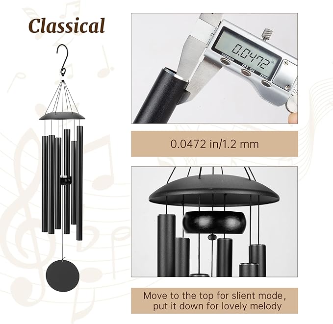 Wind Chimes for Outside with Classic Sound, Coolest Aluminium Metal Windchimes Outdoors with Pine Wood Striker, Unique Gift for Mom, Garden Decoration(28" Black Thick)