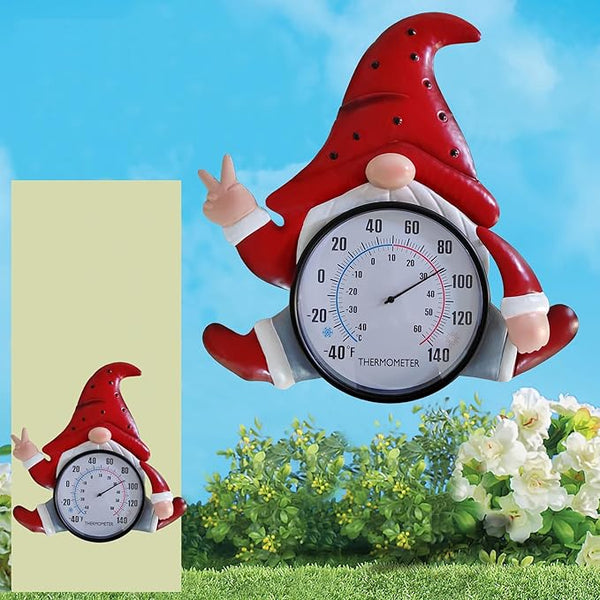 Metal Gnome Thermometer Indoor Outdoor Wall Art Decor Plaque Sculpture Hanging Mounted for Living Room Bedroom Kitchen Workroom Patio, Waterproof,No Battery Required